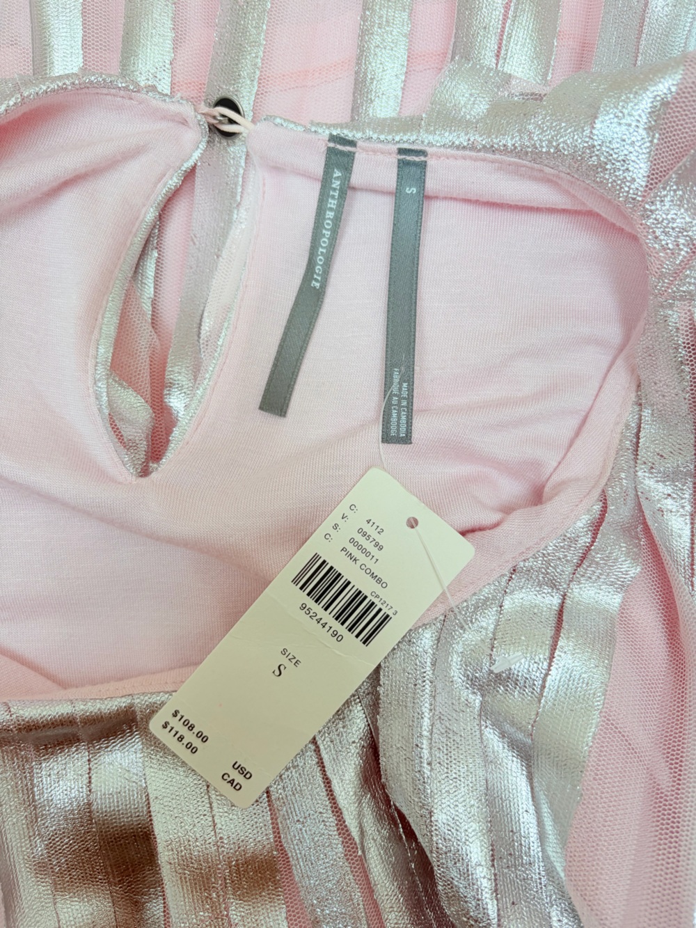 Anthropologie Pleated Foil Top Statement Blouse Metallic Pink Silver Size Small - Picture 3 of 14